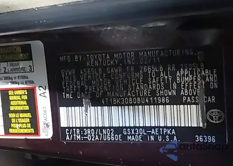 2011 Toyota Avalon Limited from USA, damaged, VIN 4T1BK3DB0BU411986